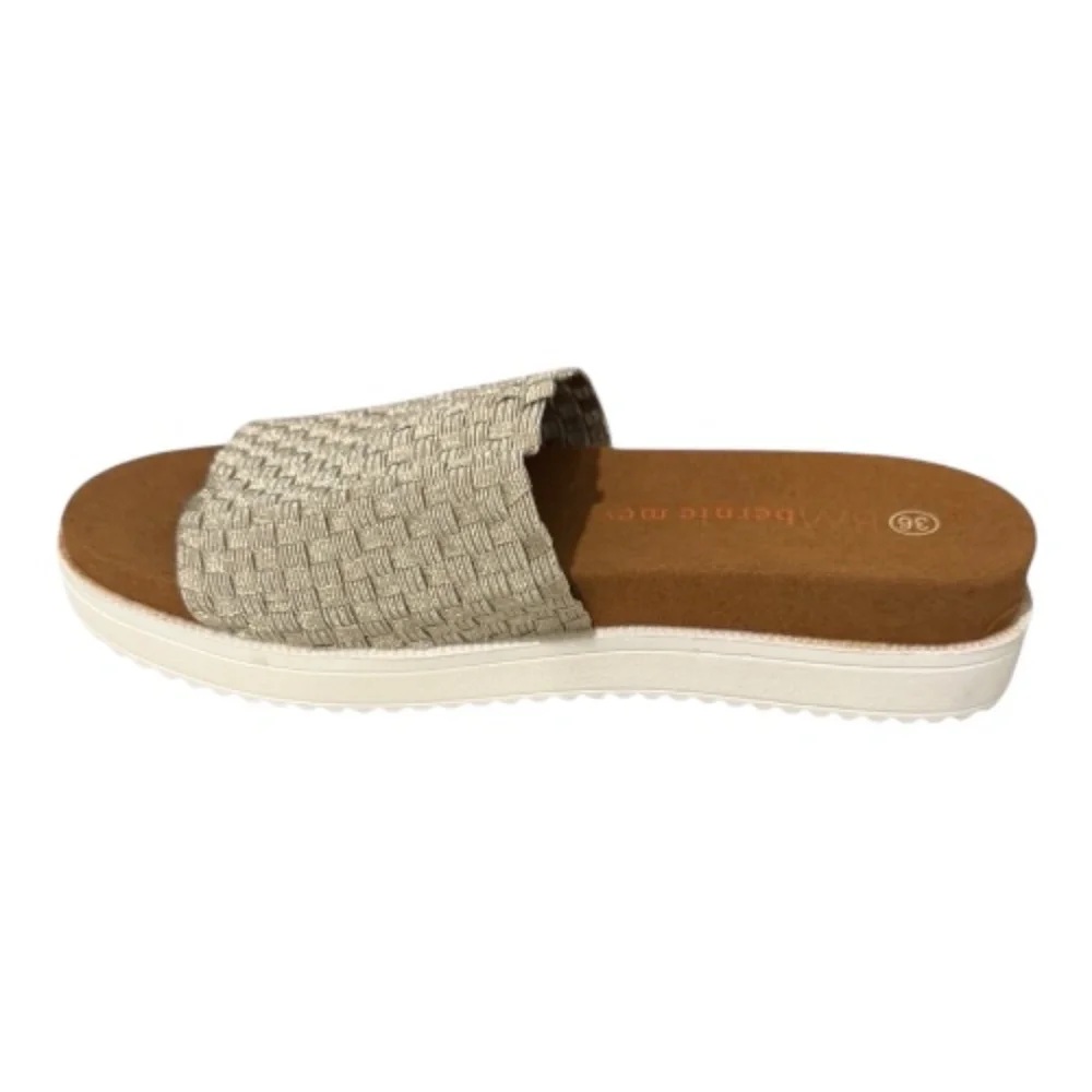 bernie mev. Cream Woven Slide Sandal with Brown Footbed